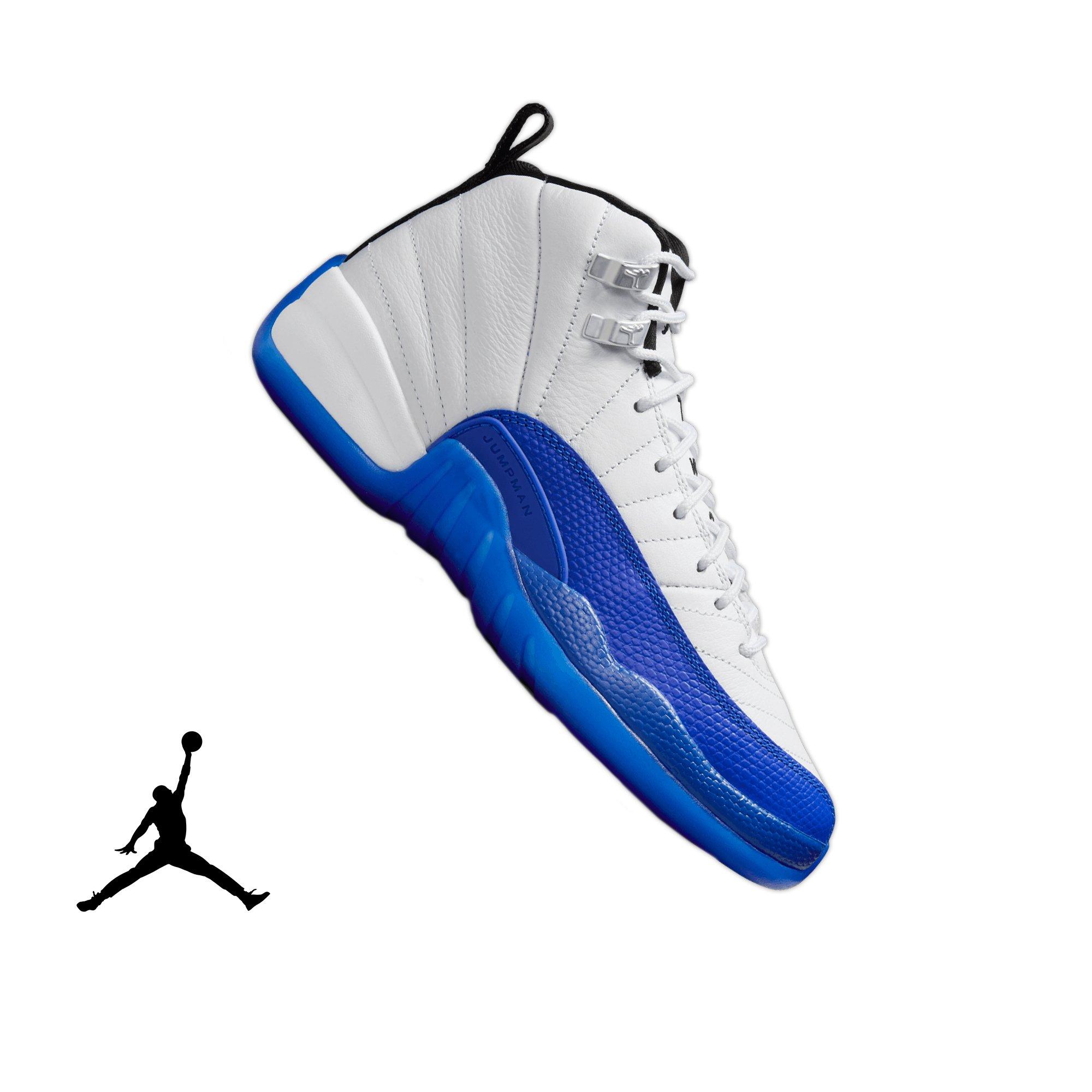 Jordan 12 Retro White and Game Royal Grade School Kids Shoe Hibbett